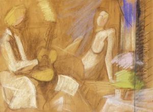 Guitar Player In Barette With A Nude by Etienne Farkas