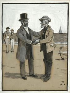 Two Men Shaking Hands On A Beach by Henry Farny
