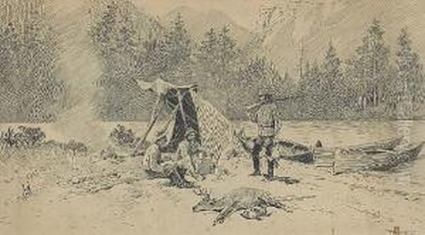 Hunters Making Camp By A River - view 1