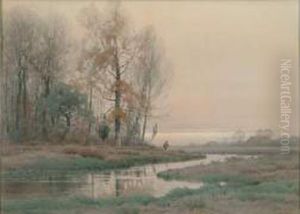 Arbres Au Bord De L'etang En Fin De Journee by Henry Farrer