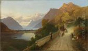 Scorcio Di Lago Lombardo Con Strada Costiera E Carrozza