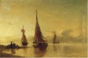 Moored Sailing Vessels By A Coast At Dusk by Viggo Fauerholdt