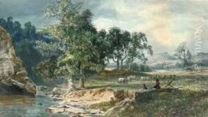 A Shepherdess Watching Her Flock By A Stream A Shepherdess Watching Her Flock By A Stream