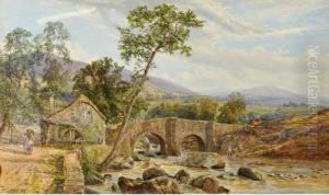 Extensive Landscape With A Fisherman On A River, Figures By A Millnearby by John Faulkner