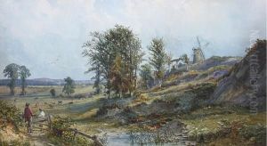 Two Travellers By A Country Gate, A Windmillnearby