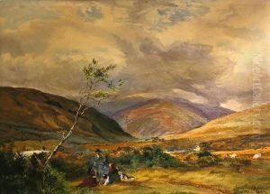 An Extensive Landscape With Figures Around A Fire In The Foreground