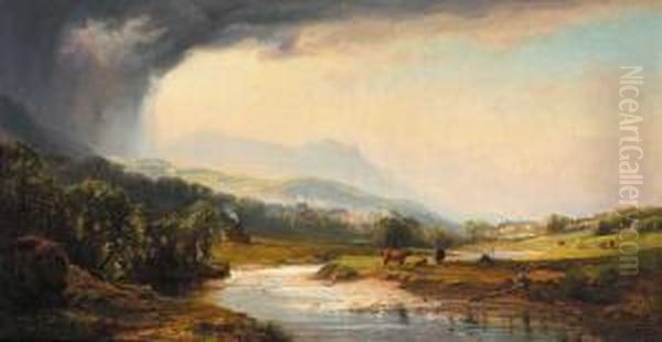 Landscape With A View Towards A Town And Grazing Cattle In Foreground - view 1