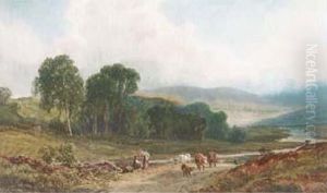 A Drover And Cattle In A Scottish Landscape by John Faulkner
