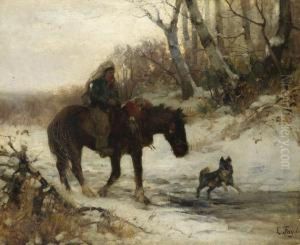 Reiter Mit Hund In Winterlandschaft by Ludwig Benno Fay