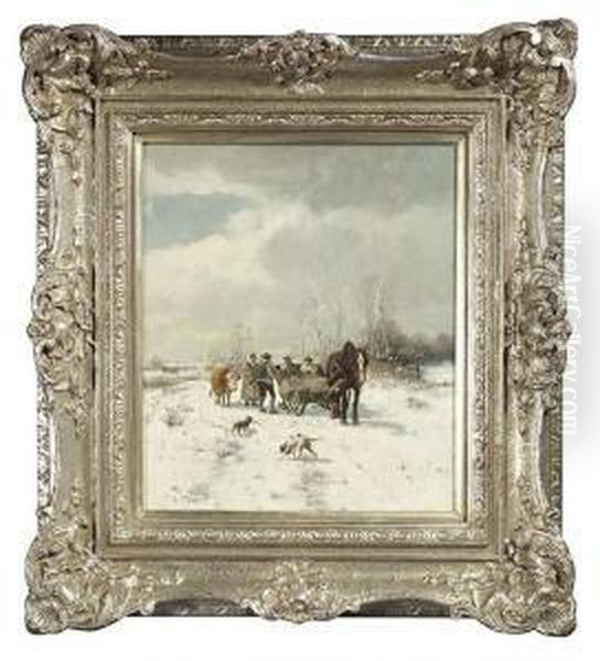 Wintry Landscape With A Sleigh And Huntsmen Conversing. Oil/canvas, Signed - view 1