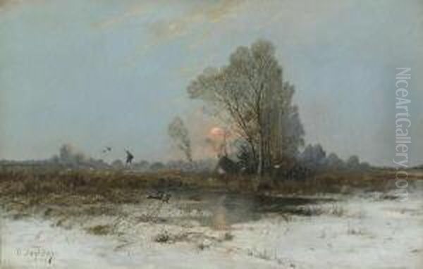 Aufsteigende Enten In Winterlicher
 Moorlandschaft. - view 1