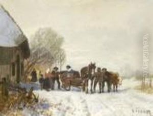 Pferdeschlitten Vor Dem Bauernhaus
 In Winterlandschaft.