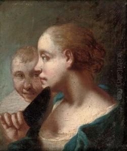A Young Woman With A Knife In Her Right Hand, A Young Man Behind