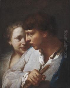 A Young Man Holding A Flute, With A Young Woman Beyond by Domenico Maggiotto