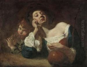A Shepherdess With A Gourd And A Peasant Boy Playing Pipes