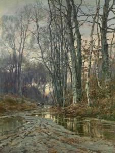Abendstimmung Uber Herbstlichem Waldweg Mit Heimkehrendem Bauern Und Seinem Vieh by Richard Henri Fehdmer
