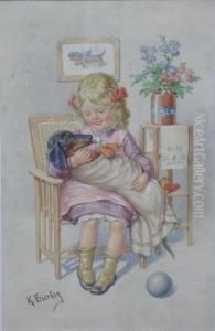 Kleinesmadchen Mit Ihrem Dackel Auf Dem Schos by Karl Feiertag