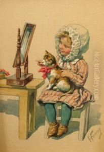 1944- Girl With A Kitten Seated By A Dressing Table by Karl Feiertag