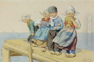 Children On The Dock; Also Five Other Scenes Depictingchildren by Karl Feiertag