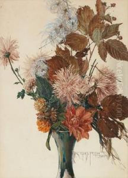 Herbstlicher Straus Mit Blattern Und Chrysanthemen - view 1