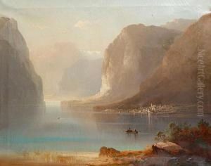 Alpine Lake Scene by Ferdinand Feldhutter