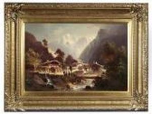 Mountainous Landscape With A 
Small Village At A Brook And Peasants Conversing. Oil/canvas, Signed, 
Verso On The Stretcher Old Label With Inscription And Numbering "14"