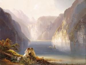 Csonakazok Az Alpesi Tavon by Ferdinand Feldhutter
