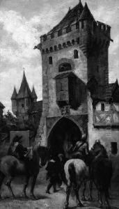W. "musketiere Vor Dem 
Stadttor". Sign. Und Dat. 03. Ol Auf Lwd. Rest., Doubliert. 97 X 56 Cm. 
Rahmen