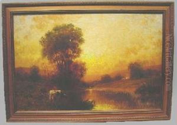 Sunset River Landscape With Cattle - view 1