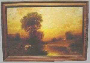 Sunset River Landscape With Cattle by Karl Eugen Felix
