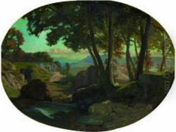 Paysage Montagneux Au Ruisseau Et Aux Grands Arbres - view 1