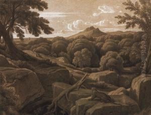 A Jaguar Stalking Deer In A Wooded Mountain Landscape by Theodore Caruelle d' Aligny