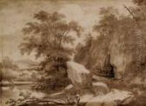 Baumbestandene Flusslandschaft, Mit Figurenstaffage by Theodore Caruelle d' Aligny