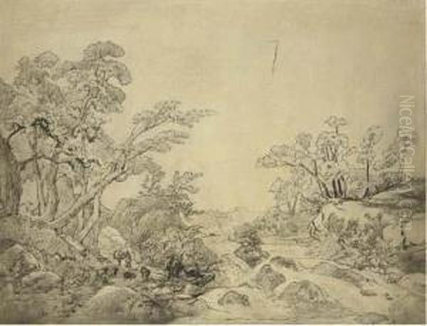 Un Paysage Rocheux Avec Une Riviere, Des Bergers Et Leur Troupeau Vers La Gauche - view 1