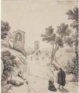 Une Procession En Italie, Une Ville A L'arriere Plan by Theodore Caruelle d' Aligny