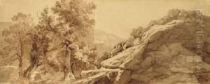 Un Paysage Rocheux Avec Des Arbres Au Premier Plan by Theodore Caruelle d' Aligny