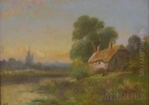 View With A Cottage By A Lake. by Robert Robin Fenson