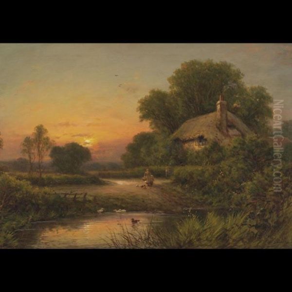 Idyllic Rural Scene - Mother And Child On A Path With Thatched Cottage Behind - view 1