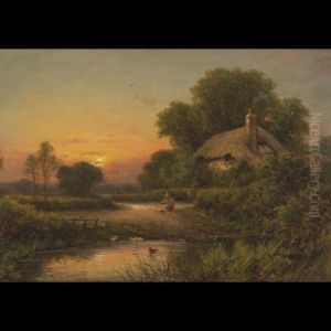 Idyllic Rural Scene - Mother And Child On A Path With Thatched Cottage Behind by Robert Robin Fenson