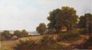 Rural Landscape With Farm Workers And A Figureof A Girl In The Foreground by Robert Robin Fenson