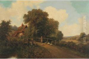 Girl Leading Geese By A Boy Fishing From A Bridge by Robert Robin Fenson