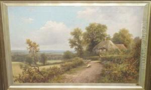 Thatched Cottage With Sheep Signed And Dated 1902 by Robert Robin Fenson