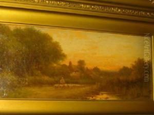 Landscape At Sunset With Thatched Cottage by Robert Robin Fenson