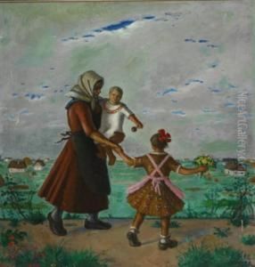 Mother And Her Children In A Village Landscape
