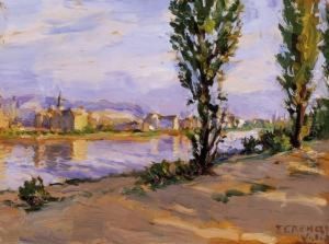 Sunlit Riverside With Houses In The Background by Valer Ferenczy