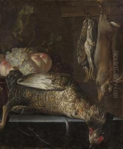 Dead Game And Fowl, Peaches And Grapes On A Ledge - view 1