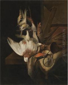 A Still Life With Song Birds And Hunting Gear by William Gowe Ferguson