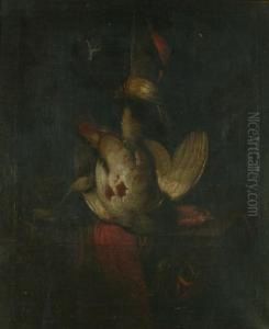 A Still Life With A Hanging Dead
 Partridge And Other Birds On A Draped Ledge With A Falcon Hood