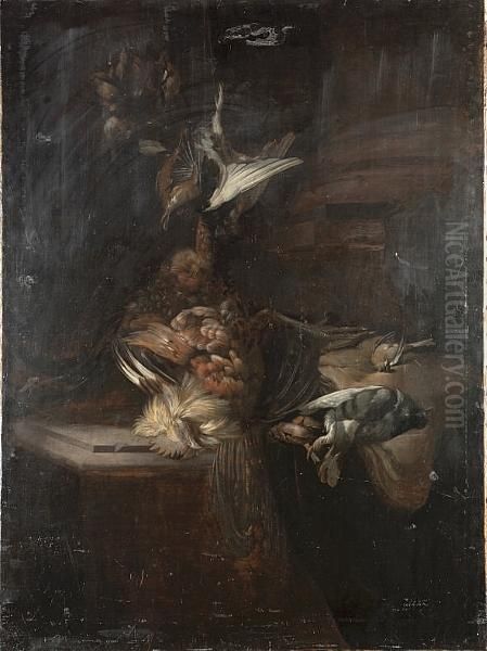 A Hanging Cockerel And Finches 
Beside A Pigeon And Other Finches On A Stone Ledge With A Column To The 
Right - view 1