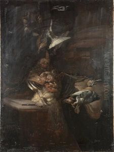 A Hanging Cockerel And Finches 
Beside A Pigeon And Other Finches On A Stone Ledge With A Column To The 
Right by William Gowe Ferguson